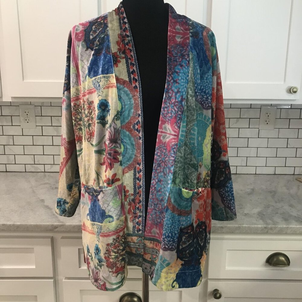Sharon Young Kimono Jacket Womens Medium Multicolor Open Front Floral Patchwork